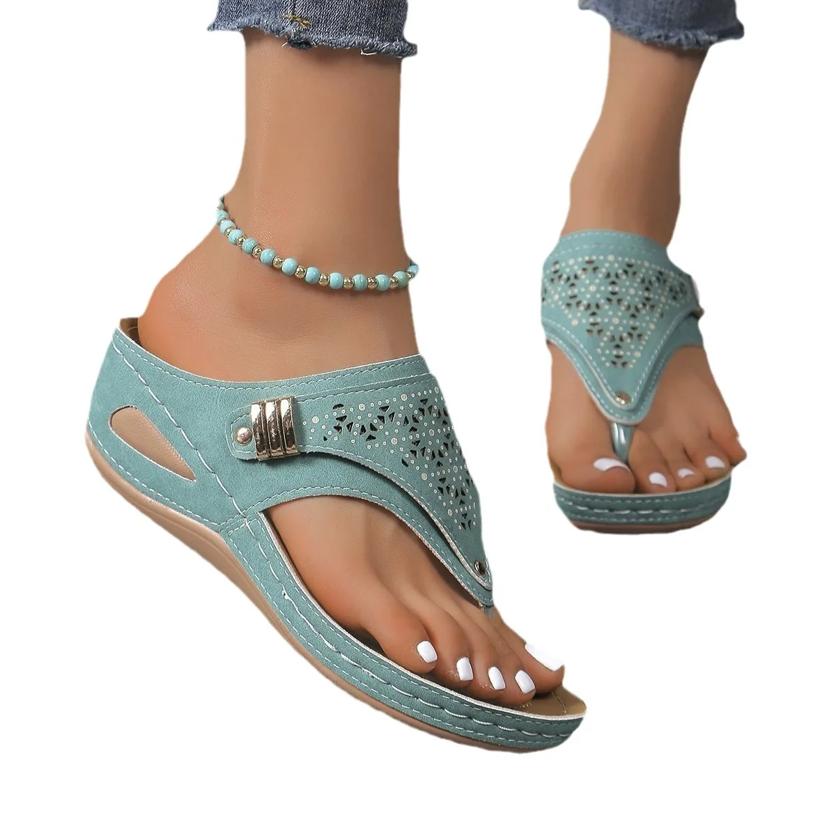 Fretwork sepatu hak rendah karet sandal jepit keling rumah sandal Platform sandal ukuran besar wanita Hawaii 2024 kain Roma