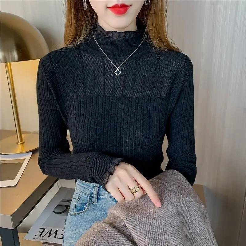 Fashionable Hollowed Out Semi High Neck Base Sweater for Women's Autumn Winter New Popular Slim Fit Soft Skin Friendly Base Top