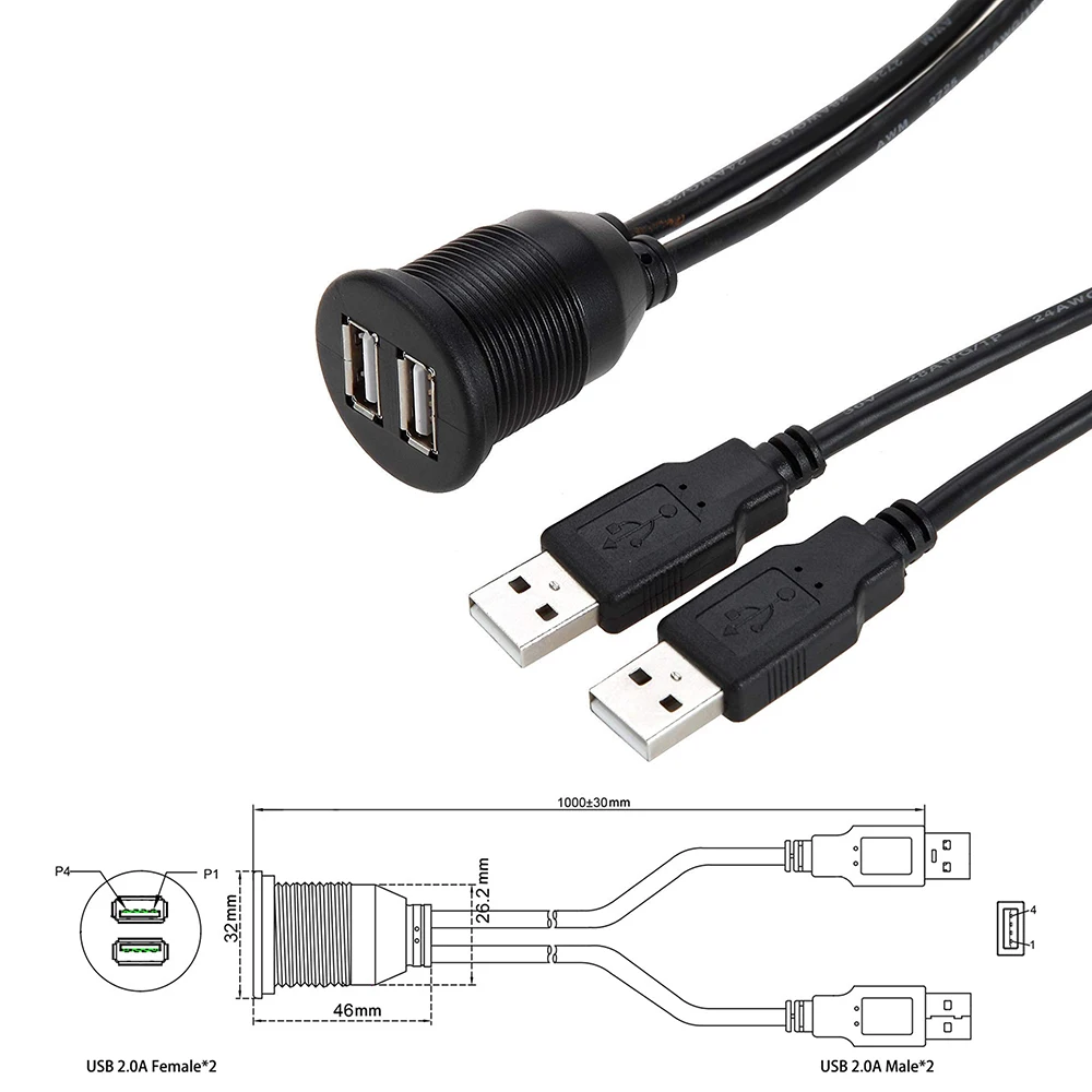 1m Dual USB 2.0 3.0 Port Male to Female Extension Cable Dashboard Flush Panel Mount Waterproof Cord for Car Motorcycle Boat