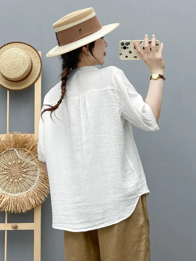 New 2025 Summer Cotton Yarn Half Sleeve Shirt, Women V Neck Lace Pocket, Mori Girl French OL Comfortable Loose Blouse T56687CC