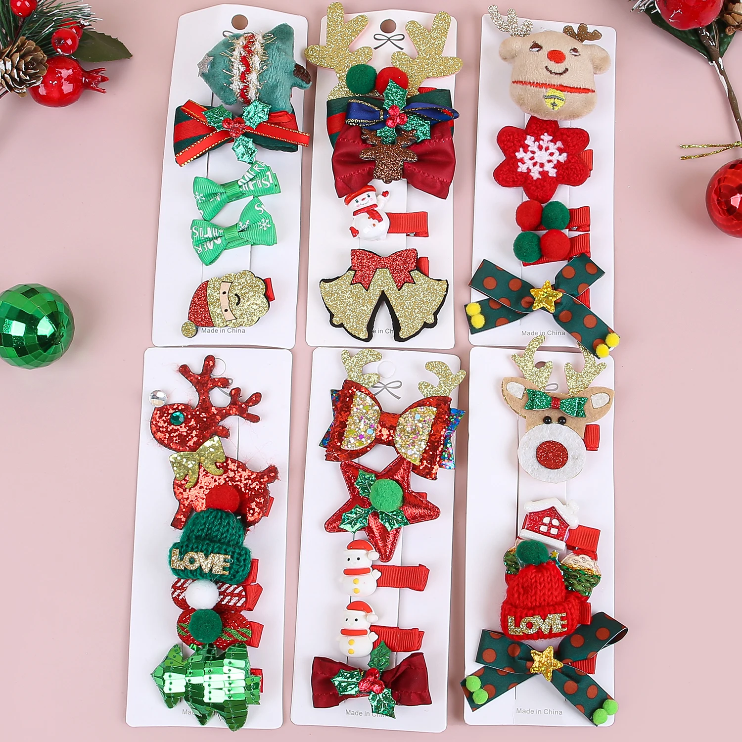 5pcs/set Kids Christmas Hair Clips Elk Snowflake Hairpins Baby Girls Hair Bows Barrettes Clips Christmas Party Hair Accessories