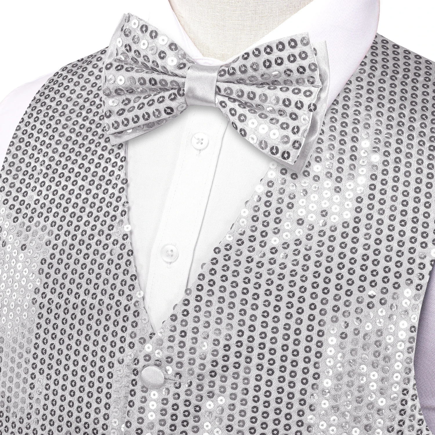 Hi-Tie Jacquard Light Grey Sequin Collar Suit Vest Slim Fit Waistcoat for Wedding Groomsmen V-Neck Tuxedo Sleeveless Jacket