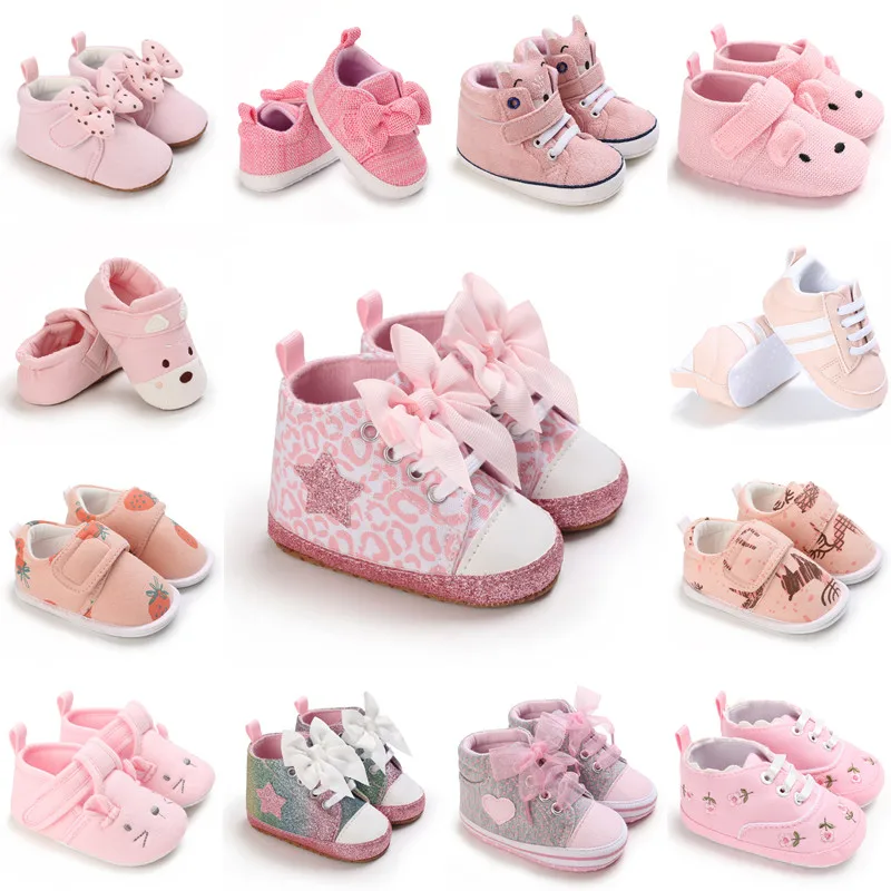 Pink Baby Shoes Princess Fashion Sneakers Infant Toddler Soft sole Anti Slip First Walkers 0-1 year old baby Christening Shoes