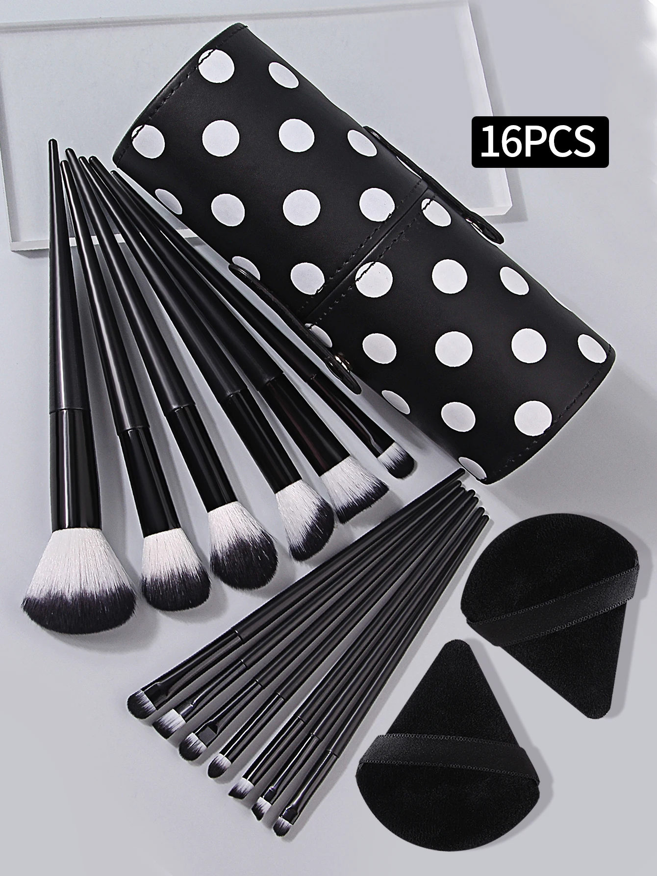 블랙 13피스 메이크업 브러쉬 세트, 부드러운 모의 아이섀도우 브러쉬, 컨투어 브러쉬, 2개 삼각형 파우더 퍼프, 가죽 보관통