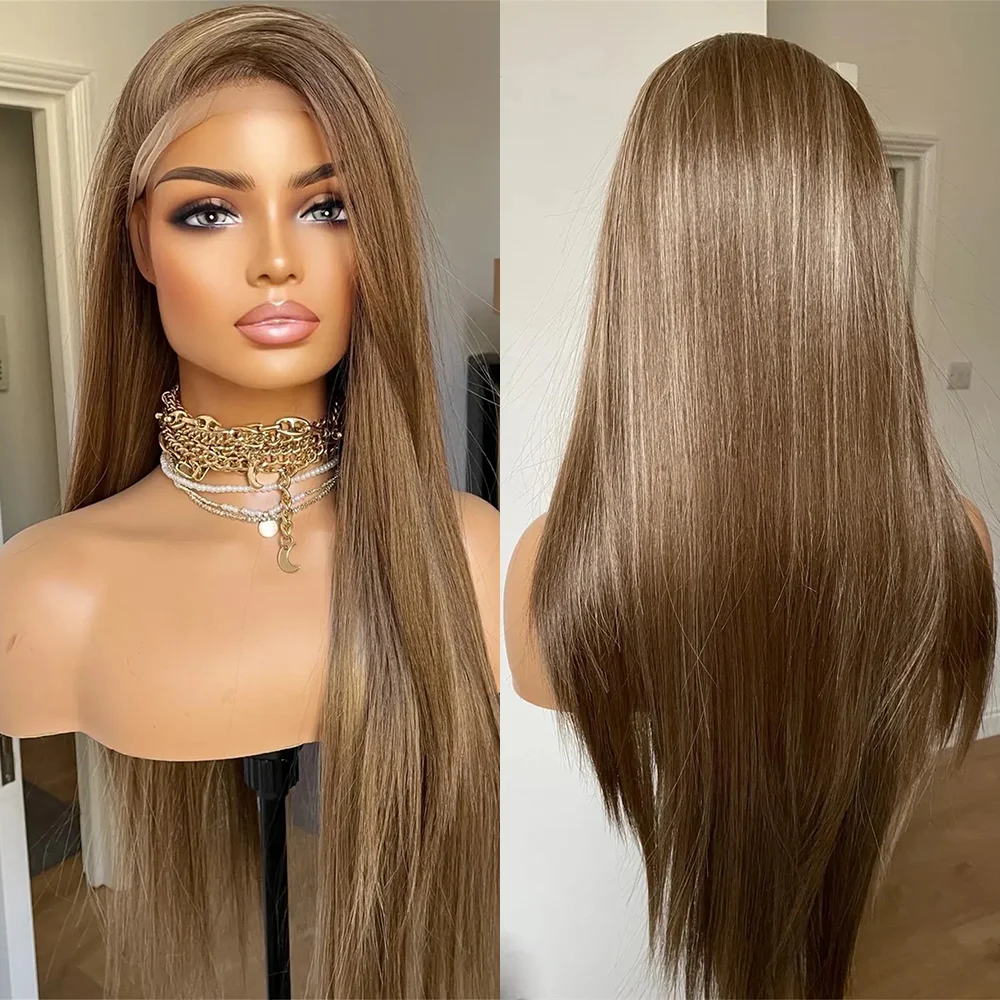 Dark Ash Brown Synthetic Lace Frontal Wig Long Straight Hair Mild Highlights Top Grade Lace Wigs Natural Look Wig Gift for Her
