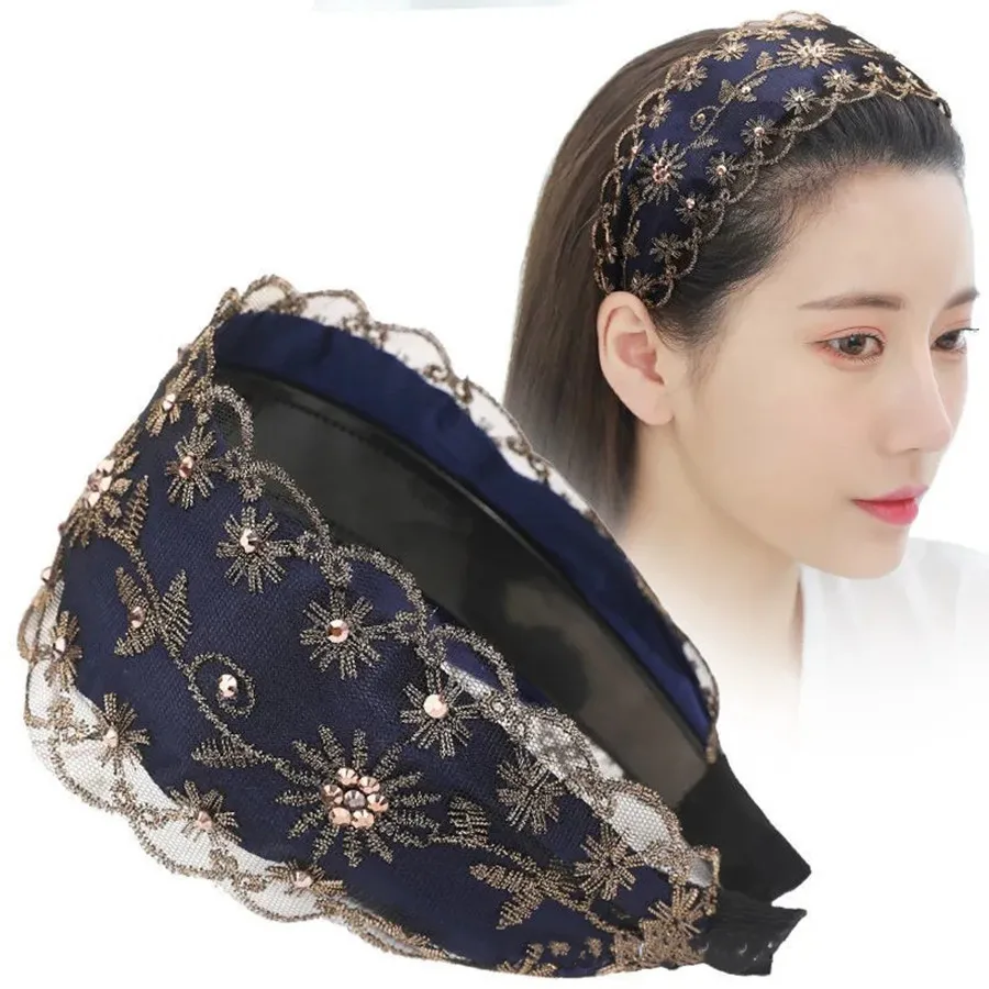 Temperament Make up Fashion Design Women Hair Accessories Wide Side Hairband Korean Style Hair Wear Lace Leaves crystal Headband