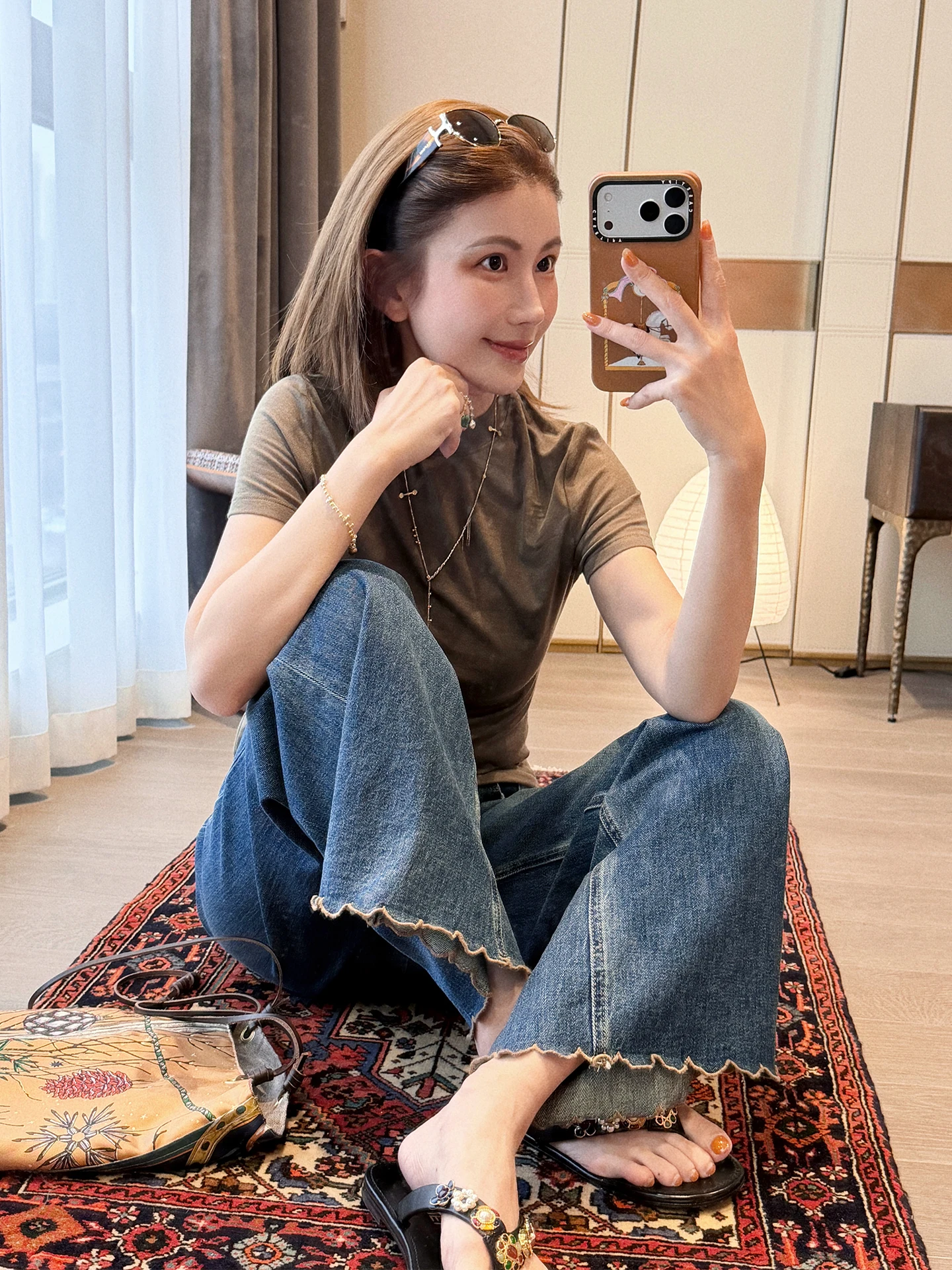 

Heavyweight Waed Cotton Spandex Blend Straight Leg Denim Jeans Women's Spring Summer Wide Leg Pants Embroidered Trim
