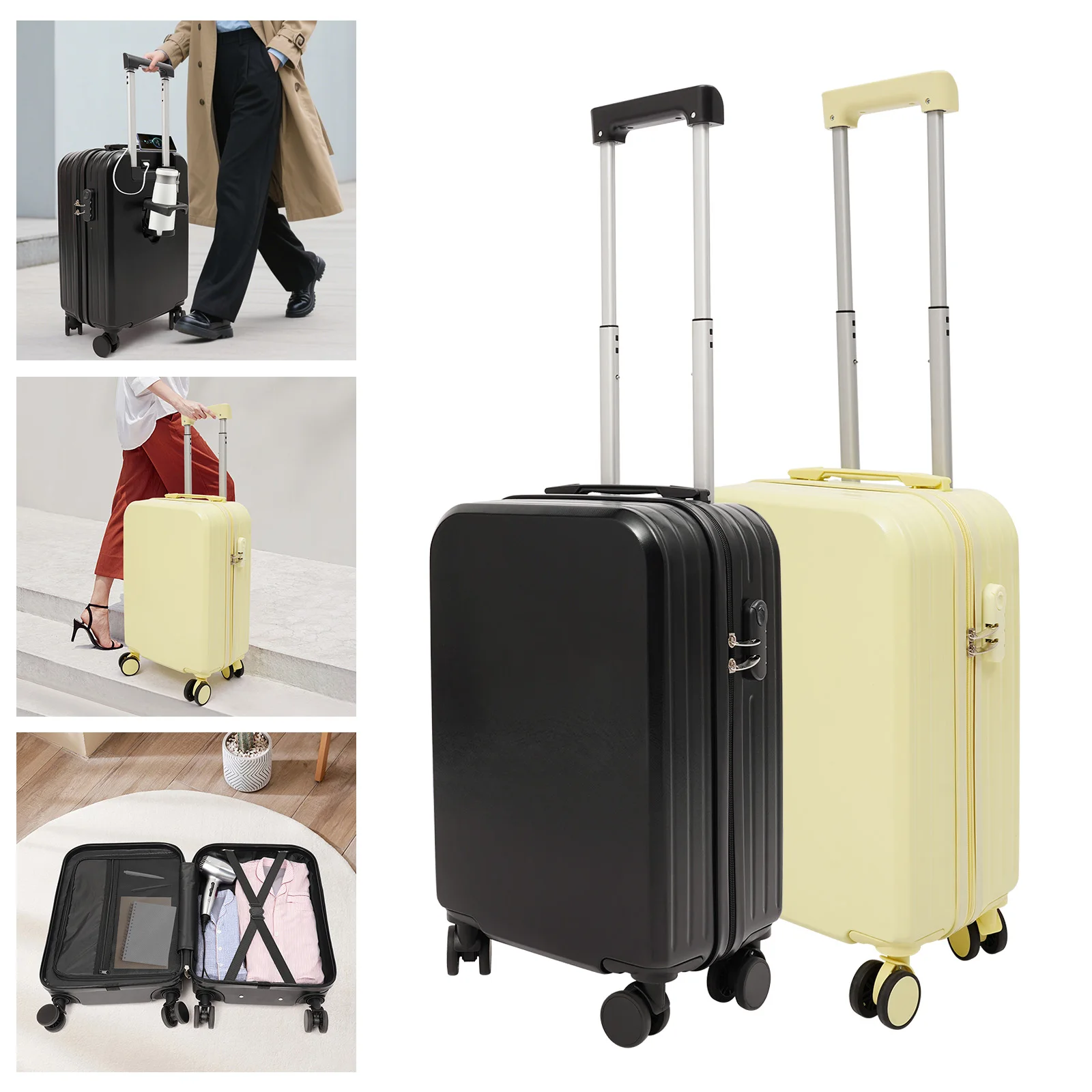 

20" Travel Luggage Suitcase Carry On Luggage with Cup Holder & USB Port 3-Digit Lock 4 Universal Wheels