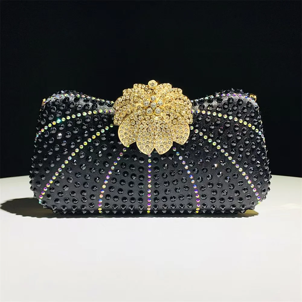 Crystal Shiny Rhinestones Diamond Evening Bag Luxury Glitter Metal Floral Women Handbag Wedding Party Clutch Purse Shoulder Bag