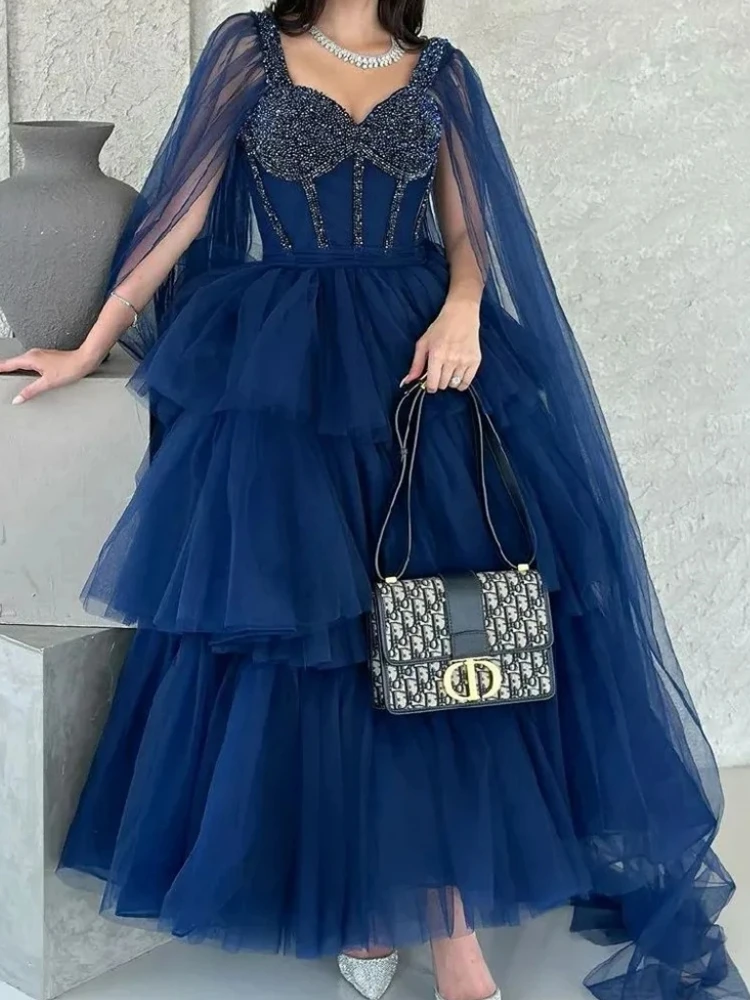 Gorgeous Arabic Dark Blue Prom Dresses With Sleeve Wrap Sweetheart Beaded Tiered Skrit Puffy Formal Evening Dress Homecoming