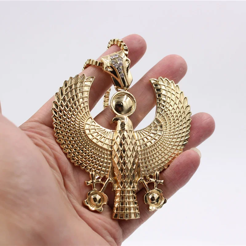 Newest Fashion Metal Gold Color Egyptian Horus Bird Falcon Holding Ankh Pendant Necklace Bib Chain Choker Animal Hiphop Necklace