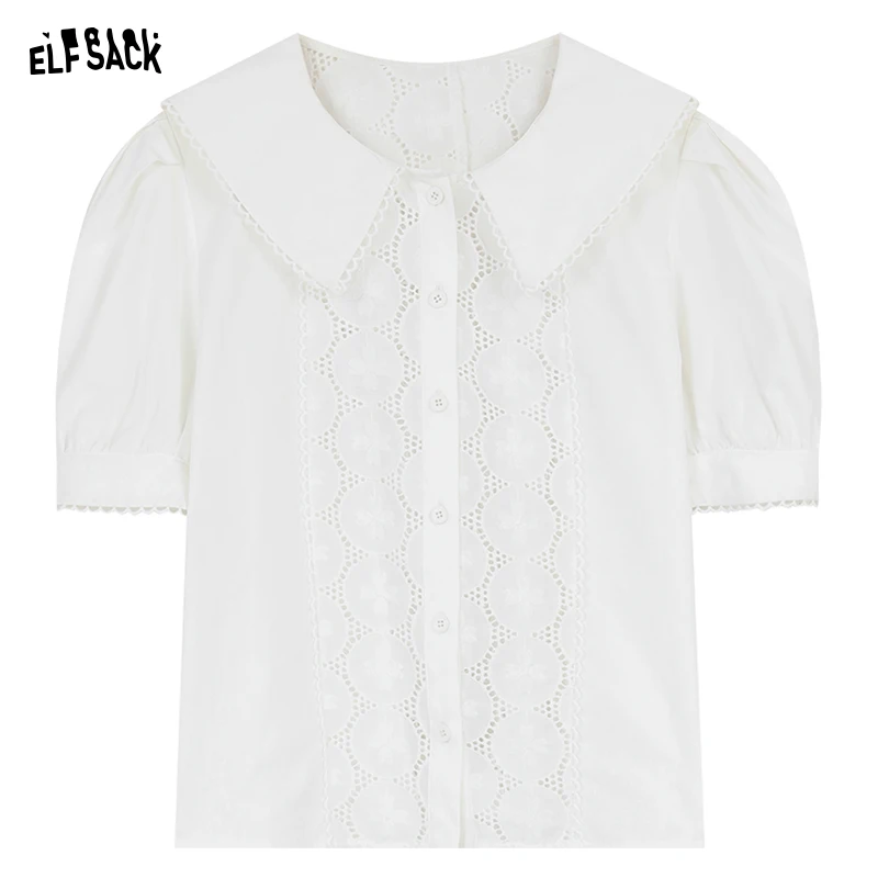 ELFSACK 2024 summer new arrival French sweet casual style Polo collar baby collar puff sleeve white shirt for women