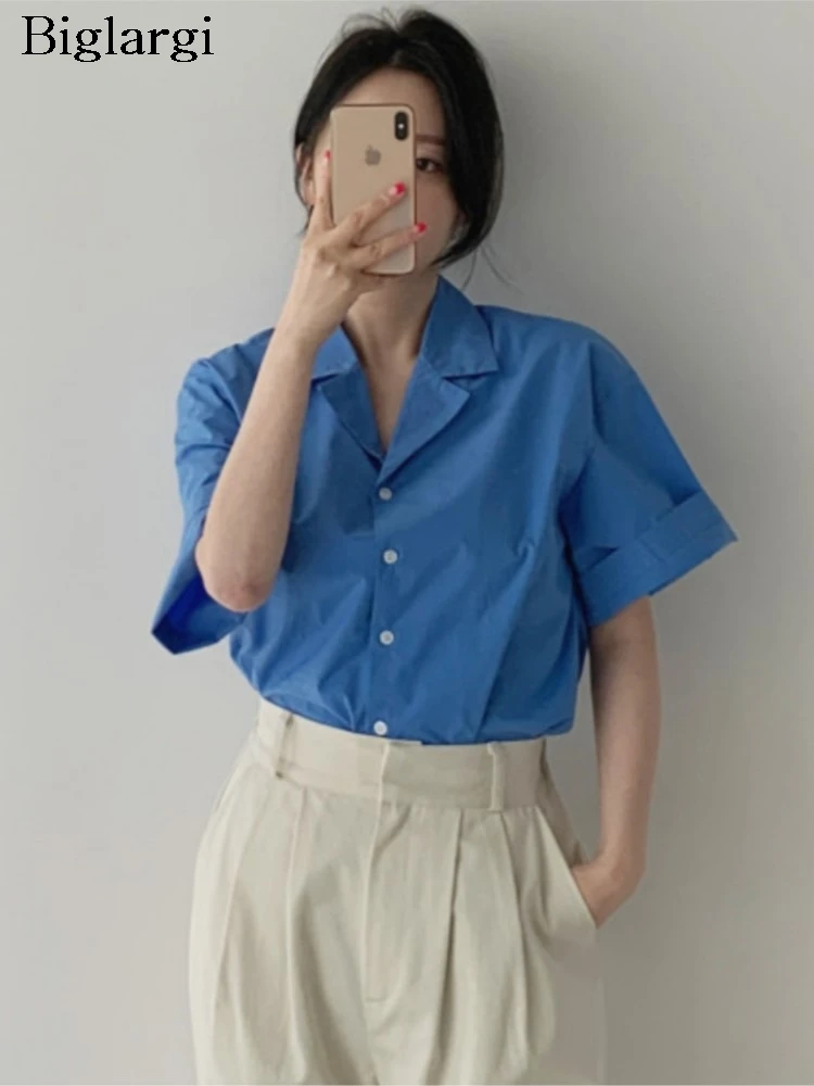 

Summer Tailored Collar Shirts Women Korean Style Loose Casual Ladies Blouses Fashion Short Sleeve Woman Shirt