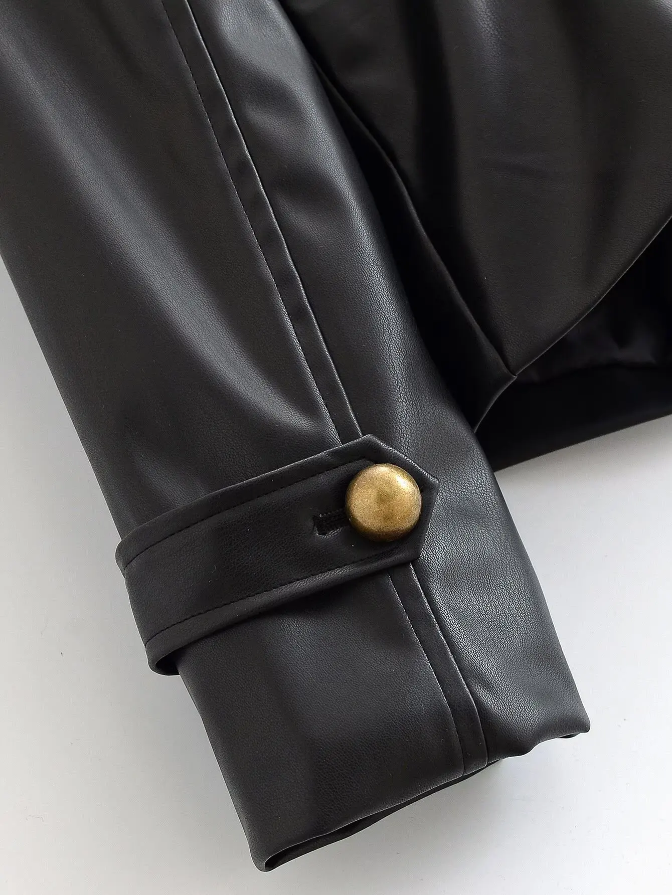 Women Stand Up Collar PU Jacket Chic Metal Buckle Faux Leather Black Jacket Leisure Double Breasted Long Sleeves Autumn Outfit