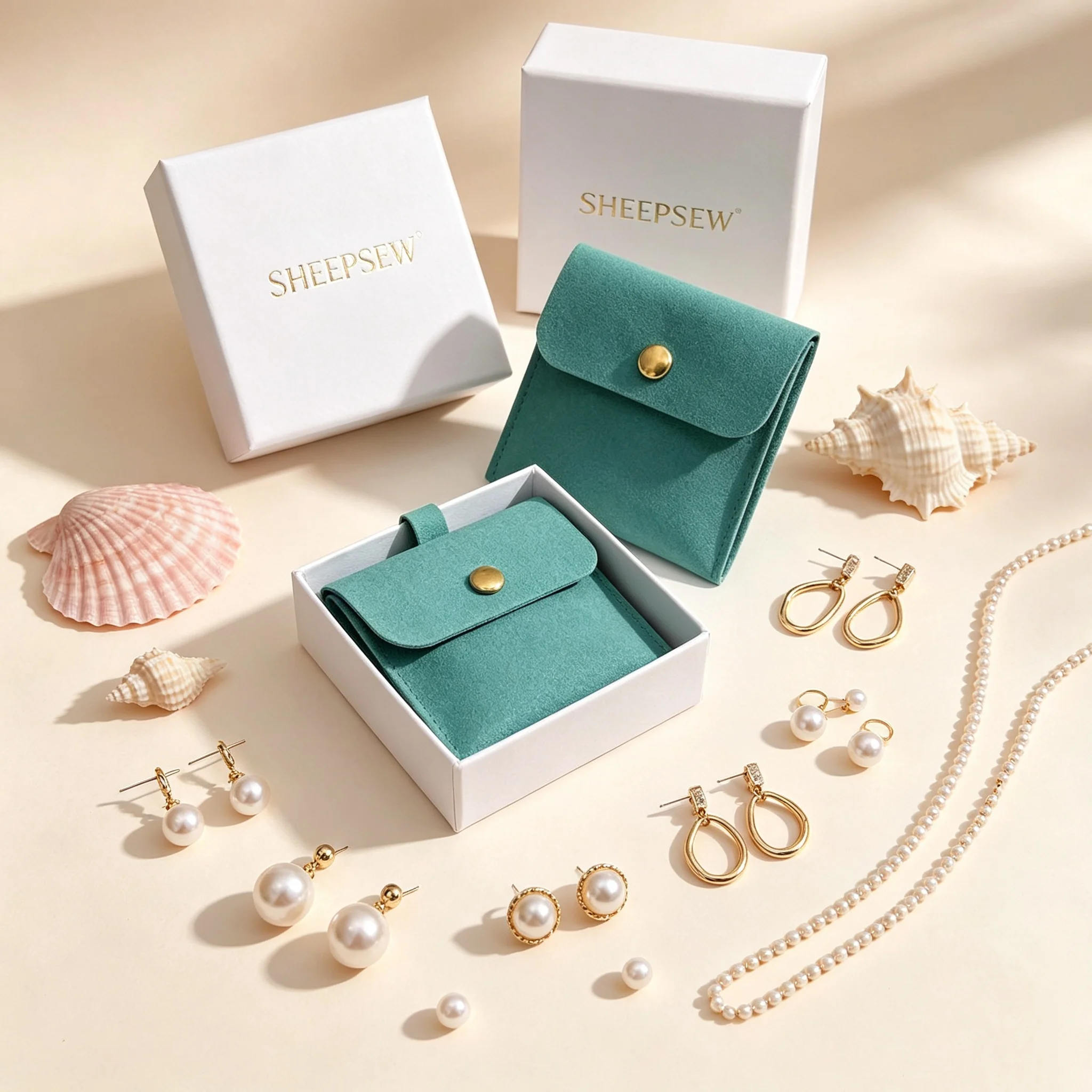SHEEPSEW Wholesale 8*8cm Double Layer Snap Button Jewelry Pouches With Ear Tabs Square Cardboard Holder Custom Logo Bulk Gift Pa