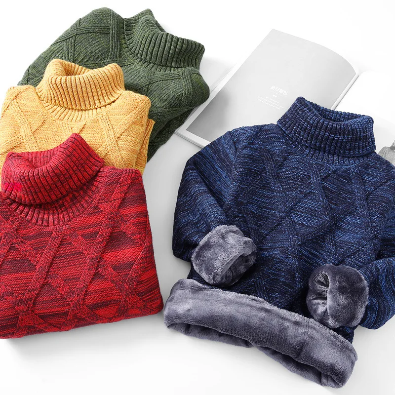 Autumn Winter Children Turtleneck Sweater For Boys Cotton Plus Velvet Thicken Baby Boys Pullovers Argyle Kid Boys Knitted Jumper