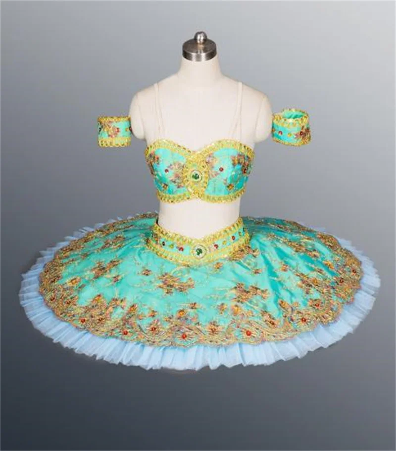 

High Quality Custom Size Stage Performance Wear Crop Top Pancake Tutu Green Blue Ballet Professional Costumes