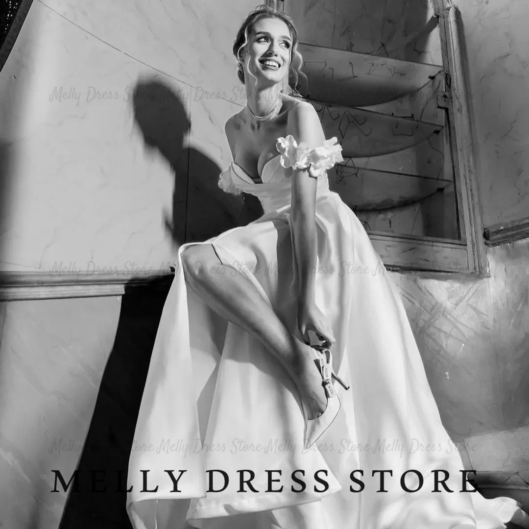 Melly Wedding Dress Elegant 3D Florals Off Shoulder Satin vestido de novia Plunging Neckline High Slit Bridal Gown Customized