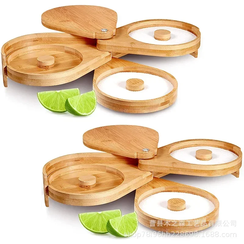 3 Tier Bamboo Rotating Lime Juice Glass Rimmer Bar Wine Accessory Cocktail Mixing Salt Sugar Box Bar Bartender Tool Case