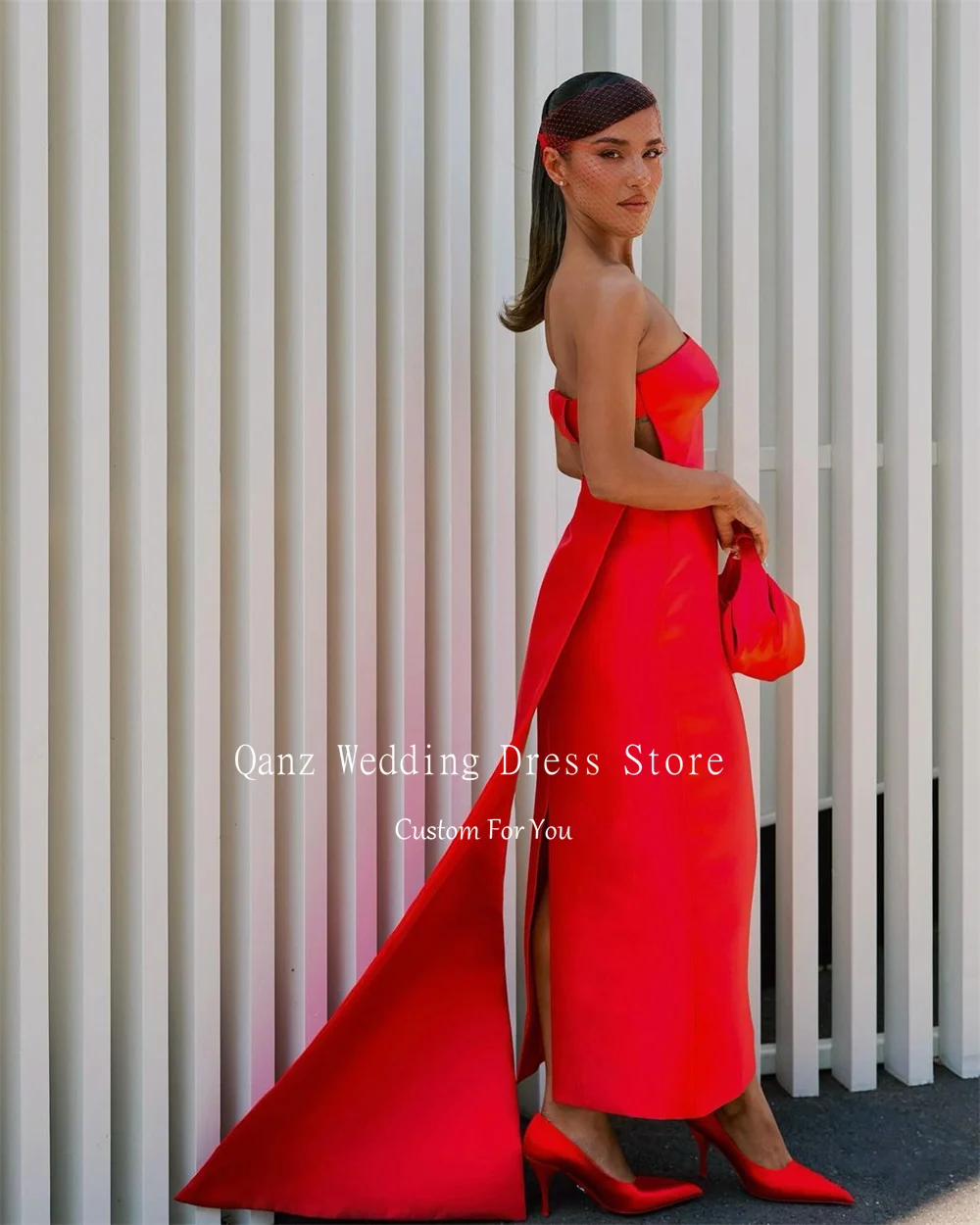 Qanz Dubai Red  Prom Dresses Vintage Satin Mermaid Strapless Wedding Party Dress Backless Evening Dresses Women Customized