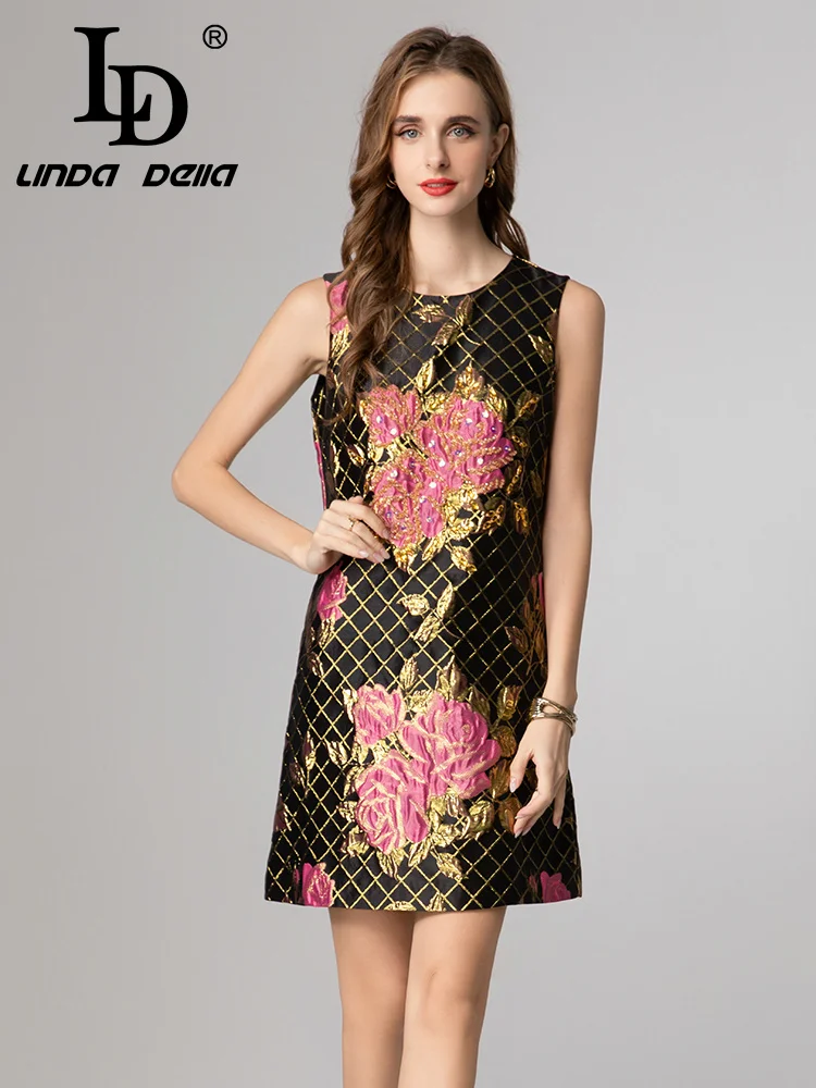 LD LINDA DELLA 2025 مجموعة جديدة ملمس مميز على شكل حرف a فستان تنورة فساتين راقية فستان مزاجه الوردي الذهبي للسيدات بدون أكمام