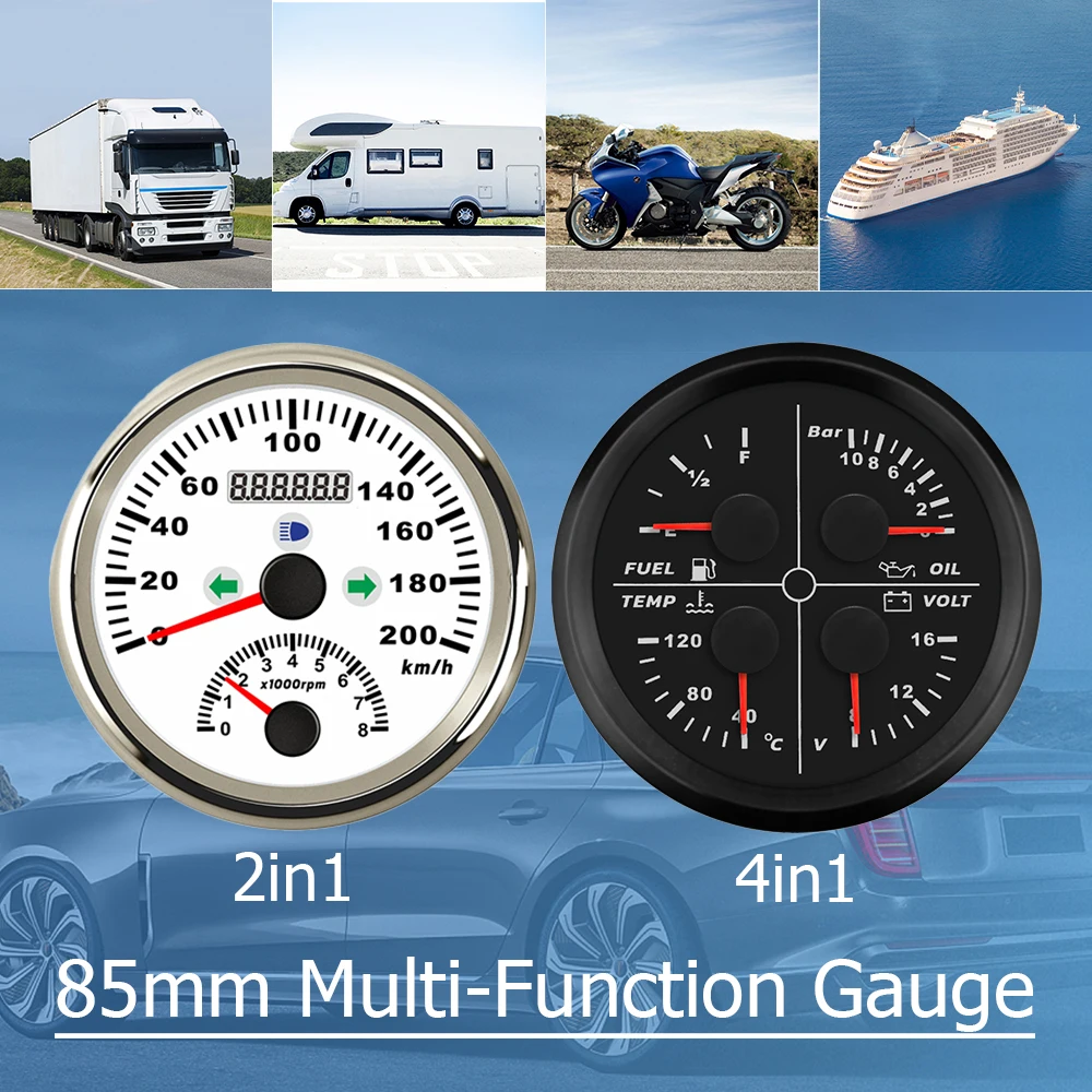 

Marine Car 85mm GPS Speedometer 200km/h with Tachometer 8000RPM + 85mm 4 in1 Gauge Fuel Level Water Temp Oil Press Voltmeter 12V