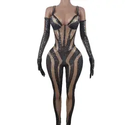 Sexy Black Sequin Jumpsuit Gloves Woman Nightclub Slip Leotard Dance Costume Birthday Party Wear Pole Dance Drag Queen Clothes