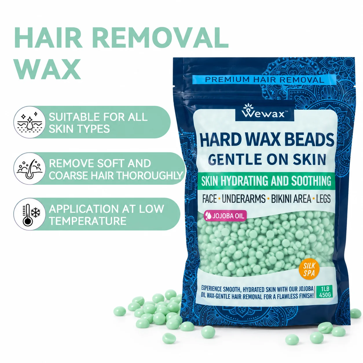 WEWAX 450g Hard Wax Beads Family Pack, Premium Brazilian Aloe Scented Beeswax Wax Beans, Strong Adhesion, Precise Paperless Quick Hair Removal, for Full Body Bikini Area Hands Legs, Normal Skin, Salon Home Body Care Wax, Unisex