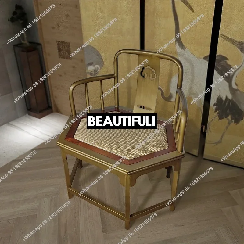 New Chinese Taishi Chair Antique Metal Light Luxury Hexagonal Gold Arm Chair