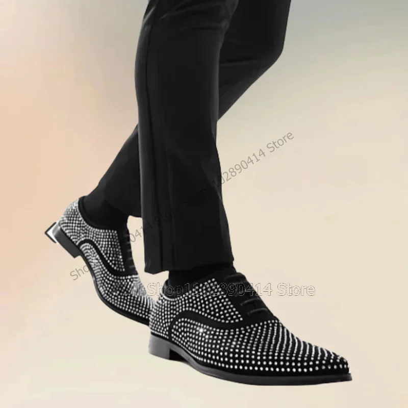 

Rhinestone Decor Black Strappy Men Shoes Fashion Lace Up Male Shoes Luxury Handmade Party Feast Banquet Office Men Dress Shoes