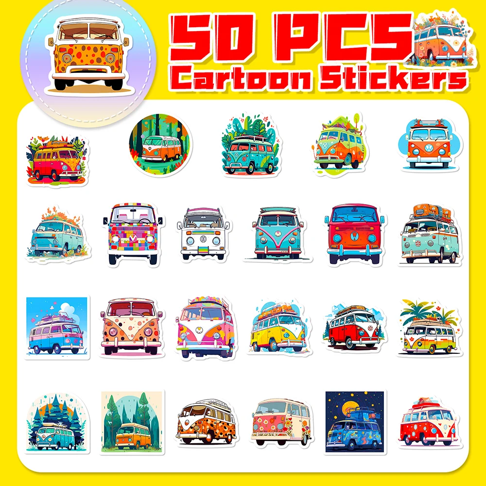 10/30/50PCS Cool Hippie Bus Cartoon Stickers Simple Decals Decoration DIY Phone Notebook Suitcase Laptop Cute Graffiti Sticker