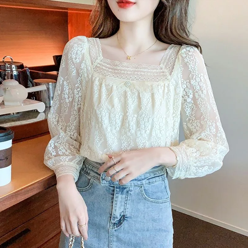 French Style Elegant Lace Base Layer Blouse Women\'s 2024 Autumn New Trendy Square Neck Chiffon Commuter Versatile Top