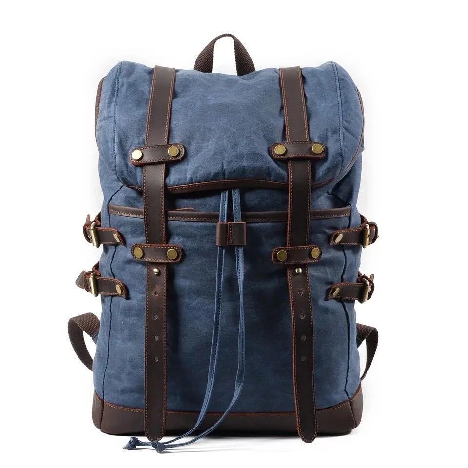 

Men Backpacks Vintage Waxed Canvas Leather School Military Backpack Male Large Capacity Waterproof Bagpack Travel Rucksack Bag