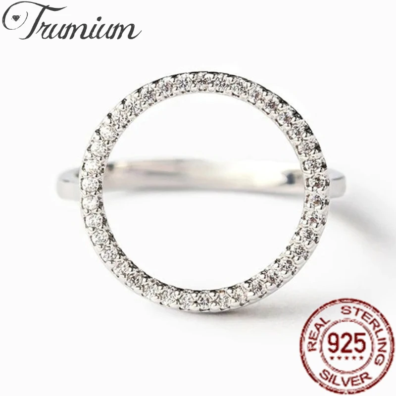 Trumium Real Solid 925 Sterling Silver Rings For Women Classic Party Hollow Hoop Sparkling White Ring CZ Fine Jewelry