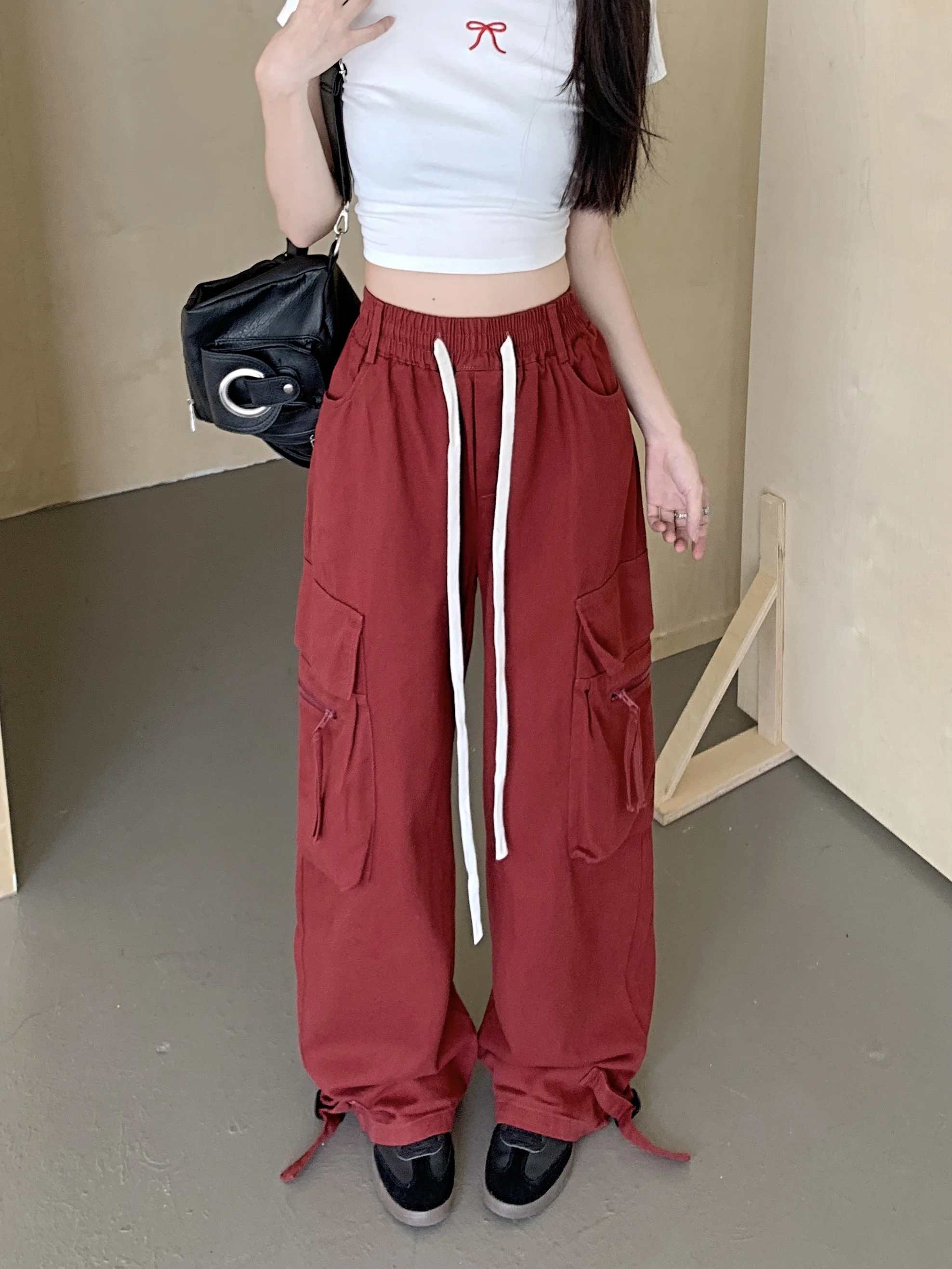 

Свободные широкие брюки женские в уличном стиле с высокой талией, красные, для работы и танцев, длинные, в пол, модные, брендовые