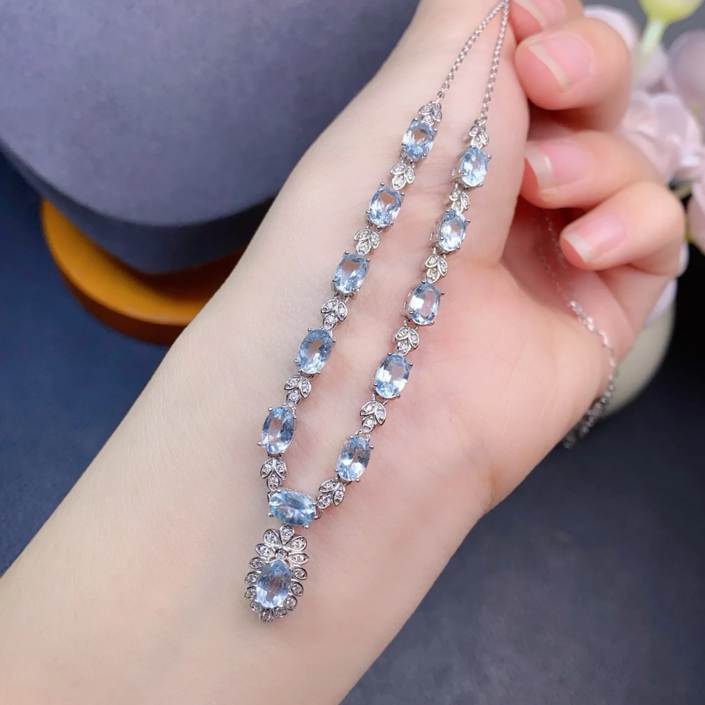 

Natural Aquamarine Necklace S925 Silver Plated with White Gold Inlaid with Natural Gemstones Main Stone 4*6mm