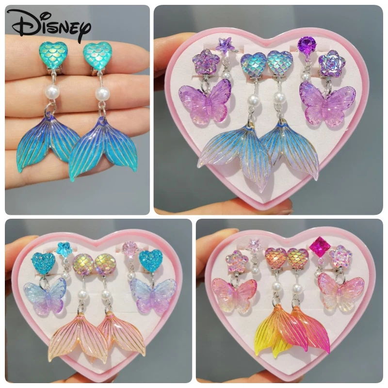 3 par/set novo estilo disney a pequena sereia bonito crianças clipe de orelha brincos para menina sem furos de orelha doce bebê clipe de orelha conjunto