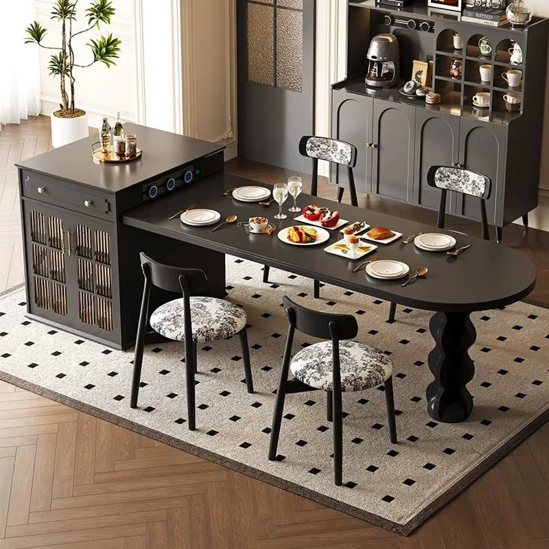 

The dining table is integrated with telescopic, and the rock slab dining table