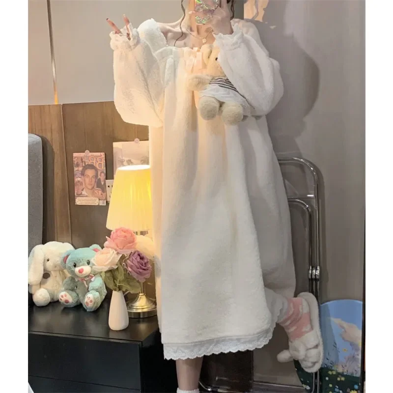 Sweet Flanne Princess Pajamas Women Nightgowns Cute Warm Long Sleeve Pajama Sets Autumn Winter Nightwear Home Wear Loungewear