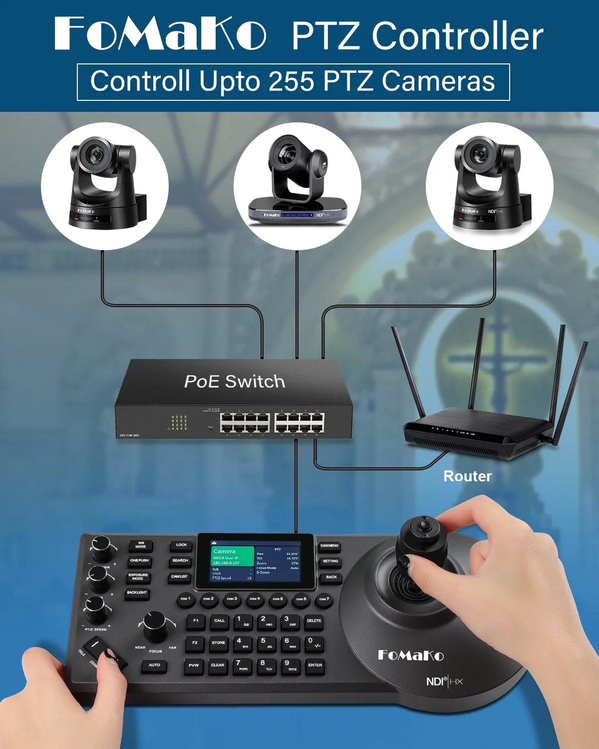 Newest Hot Sale FoMaKo KC608 pro OEM ODM Support 255 PCS Cameras PoE NDI Camera Controller IP KC608pro  PTZ Controller Keyboard