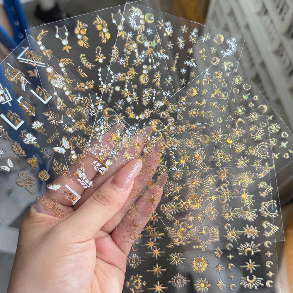 6 unids/set 3D oro plata Cruz estrella Luna pegatina de uñas corazón brillante mariposa flor bohemio pegatina de uñas autoadhesiva manicura Dec