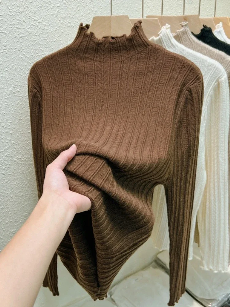 

Slim Long Sleeve Knitted Jumpers 2025 Ruched Autumn Winter Sweaters Women Fashion Turtleneck Pullover Soft Warm Pull Femme Tops