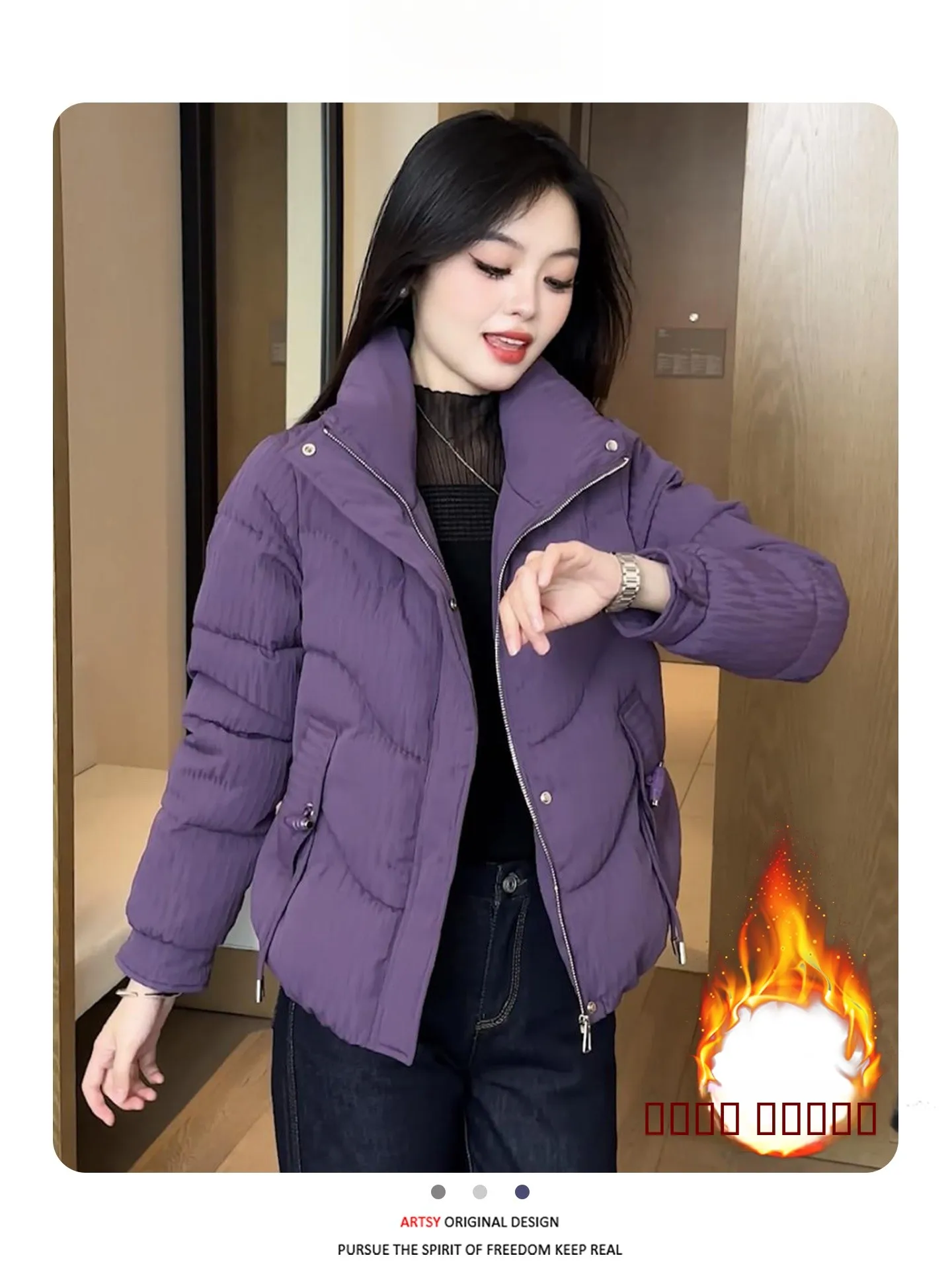 

Women's Thiened down Jaet High Waist Zipper Closure Long Sve Korean Sle Cotton Padded Coat Winter Faion Daily Match