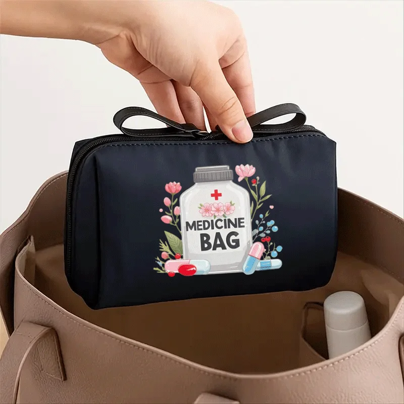 Vintage-Tasche und Reise-Organizer für Damen – Make-up-Etui mit Motiv-Medizinetikettendesign, schwarz-weißes Kreuzmuster – kompakt – Detail 2