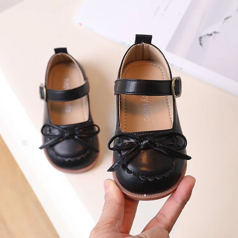 Congme 1-6Yrs Girls Leather Shoes Baby Toddler Kids Bow Lace Flat Shoes Cute British Style Princess Doll Shoes Dress Shoes