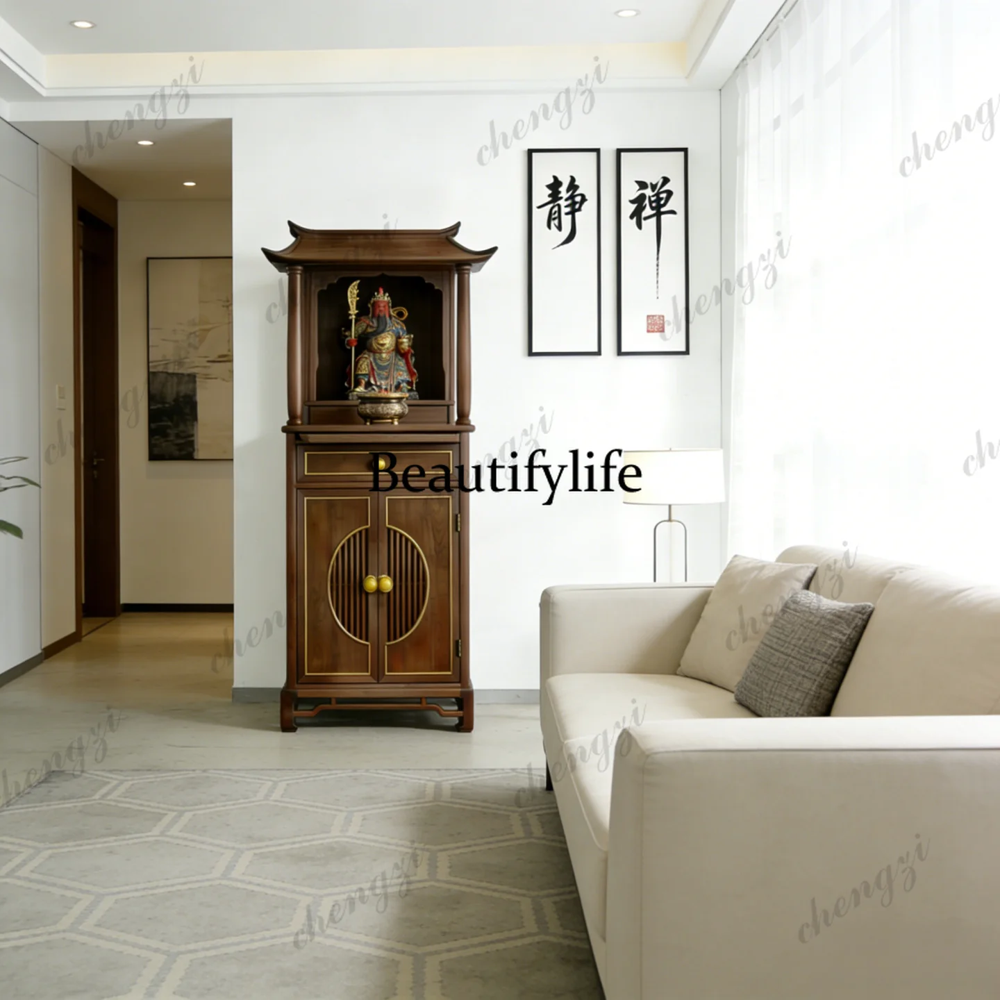 New Chinese-style solid wood offering Buddhist niche household living room Buddha statue Guan Gong statue offering cabinet