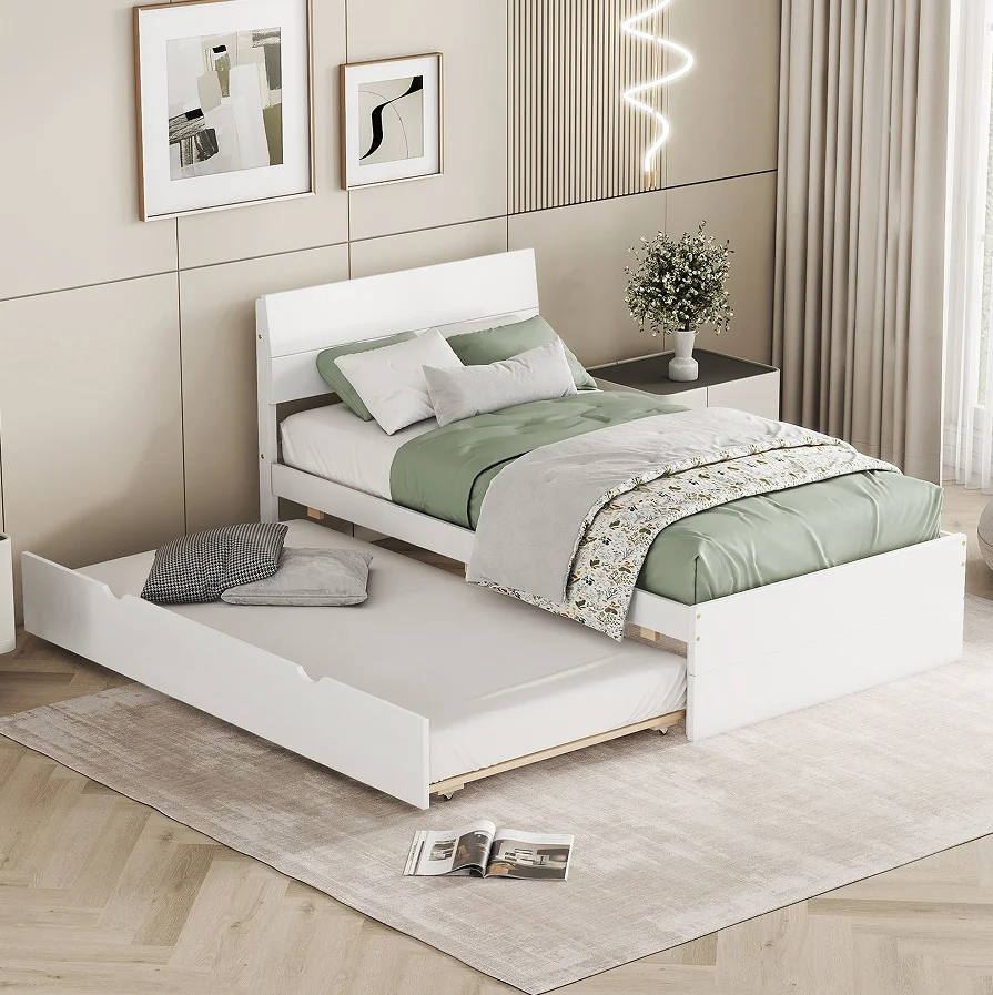 #Modern Design Twin Size Platform Bed Frame With Drawers White Washed Color Murphy Bed