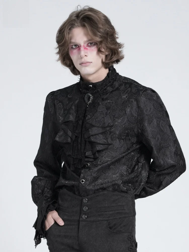 Gothic Dark Style Long Sleeve Shirt with Nutflower Embroidery by Devil Fashion Standard Fit Youthful Trend for Men And Women