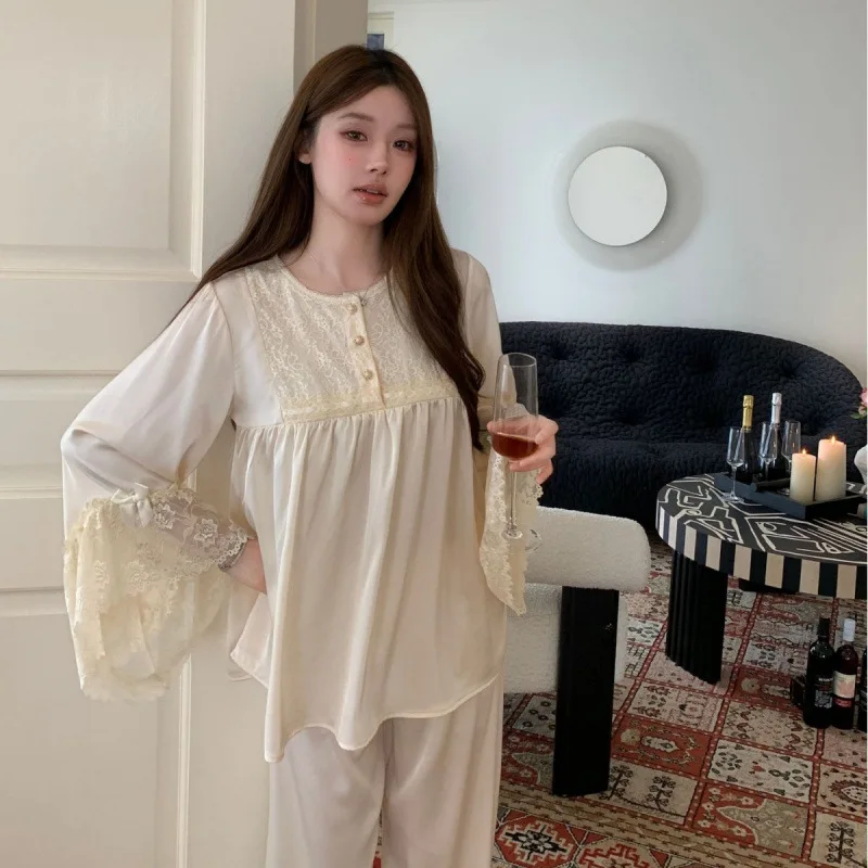 

Новинка Весна-Лето: Комплект из 2 предметов для сна в дворцовом стиле для девушек и женщин – пижама с кружевом и сеткой, с длинными рукавами и брюками, винтажный дизайн.