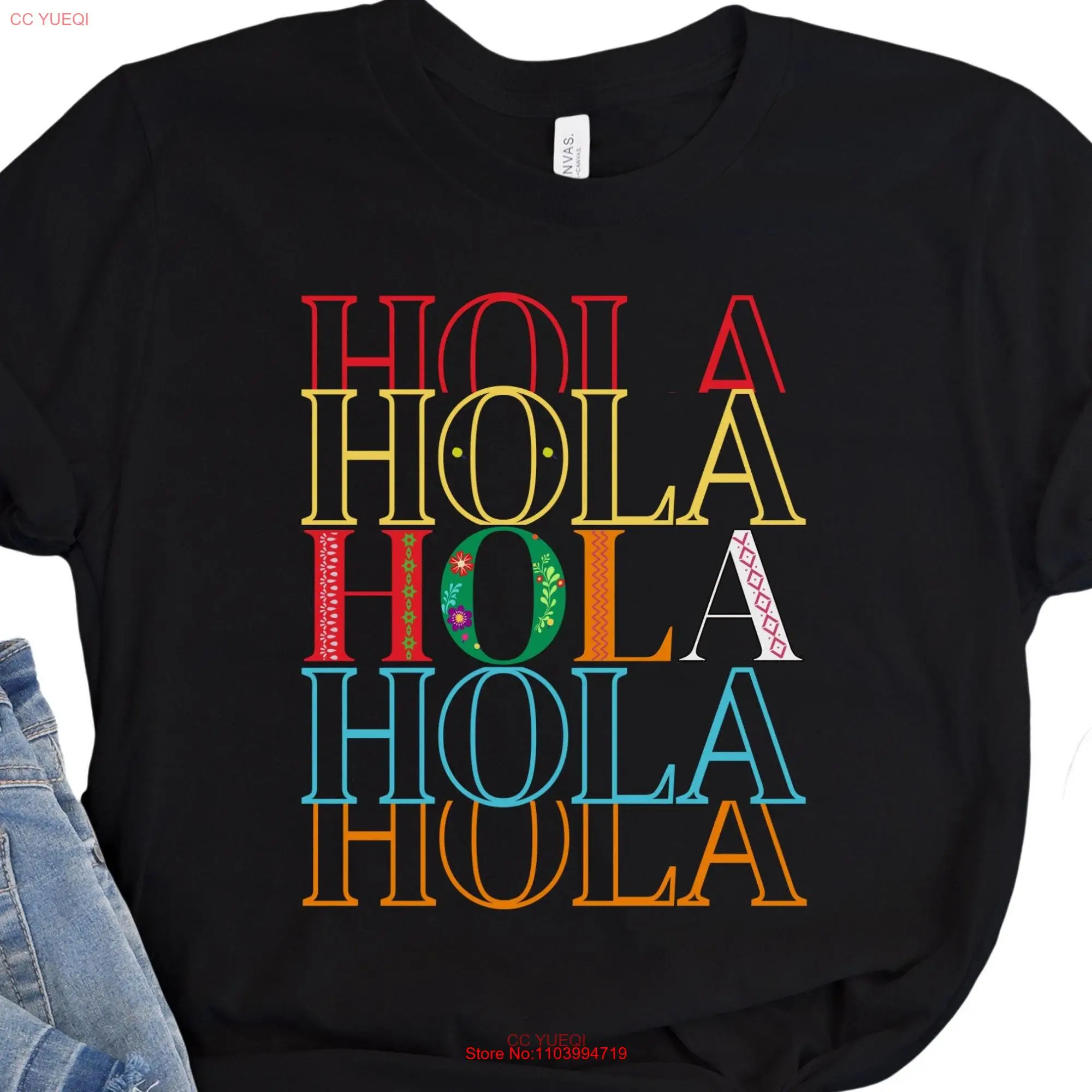 Hola T shirt Colorful Latina in Spanish Maestra Teacher Friend Hispanic Heritage long or short sleeves